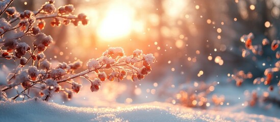 Morning sunlight shines through melting snow on trees creating a serene winter landscape with delicate frosted branches.