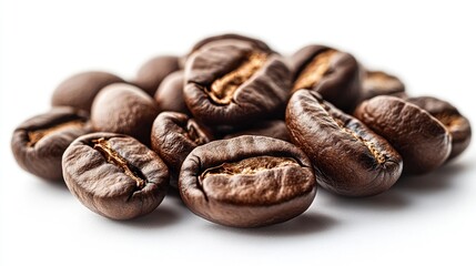 Obraz premium Roasted coffee beans piled together showcasing texture and rich color on a clean white background for a fresh coffee theme