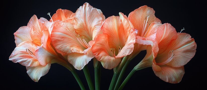 Gladiolus flowers in soft peach hues elegantly arranged on a dark background showcasing their delicate beauty and vibrant colors.