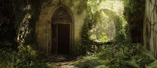 Naklejka premium Ancient ruins enveloped in lush vegetation creating a tranquil and mystical atmosphere in a forgotten secret garden.