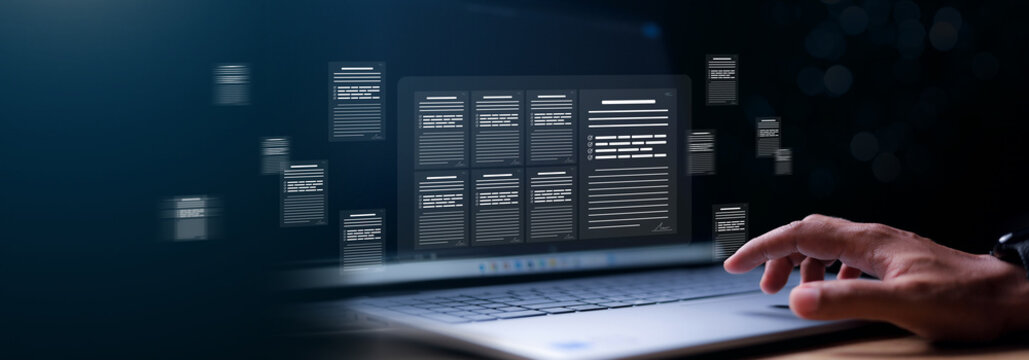 Businessman showing online document validation icon, quality assessment management With a checklist, business document evaluation process, market data report analysis.