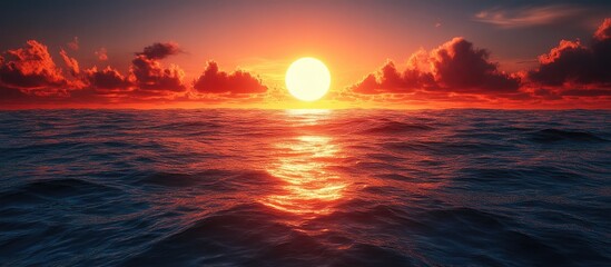 Fototapeta premium Scenic sunrise over ocean with vibrant colors and clouds creating a tranquil atmosphere at dawn