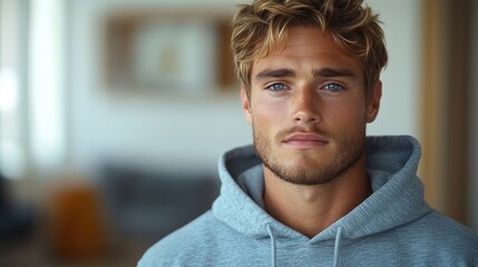 Fototapeta premium Handsome serious young man with blond hair in grey hoodie looking confidently at the camera against a plain background