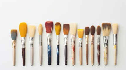 Assorted paint brushes neatly arranged on a white background showcasing artistic tools for creative projects and painting.