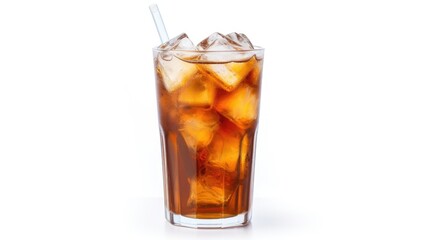 Refreshing iced tea in a clear glass with ice cubes and a straw on a clean white background for summer beverage concepts.