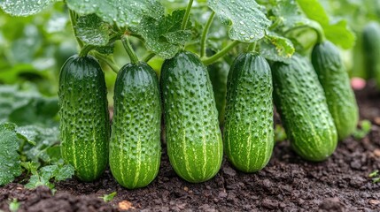 Freshly harvested cucumbers glistening with dew in a lush garden ready for salads and culinary delights