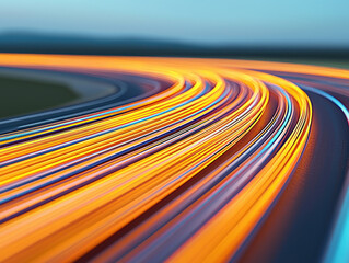 Dynamic light trails curve through blurred landscape, creating vibrant and futuristic scene. glowing pathways suggest speed and technology, evoking sense of motion and innovation