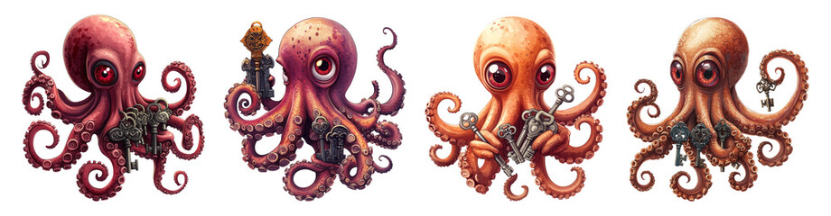 Obraz premium Colorful Cartoon Octopus Characters on Transparent Background