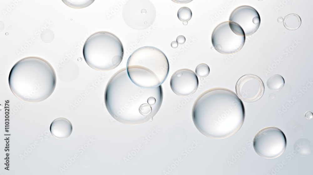Poster transparent bubbles floating gracefully on a soft white background creating a serene and minimalisti