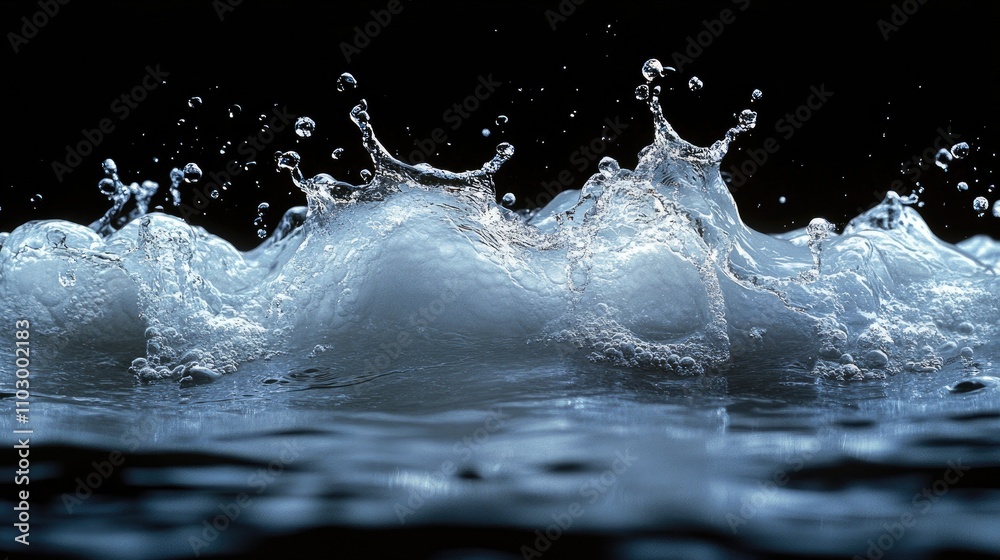 Poster High-resolution image of dynamic water splash capturing droplets and wave patterns on a dark background for creative design use