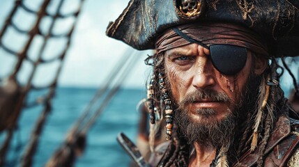 Fototapeta premium A bold pirate confidently stands on the ship's deck, donning a tattered hat and eye patch while wielding a cutlass, his rugged face a testament to thrilling adventures and treasure hunts.