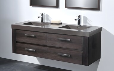 Modern double sink vanity with sleek design and storage drawers.