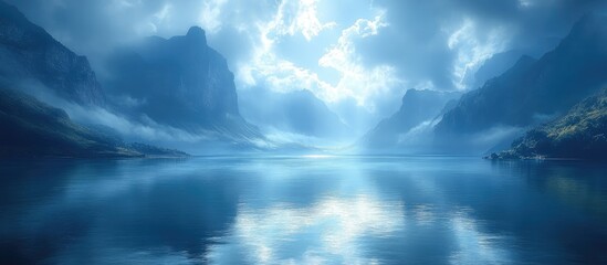 Fototapeta premium Serene coastal landscape with deep blue waters and dramatic cloud formations reflecting on a calm lake surrounded by mountains