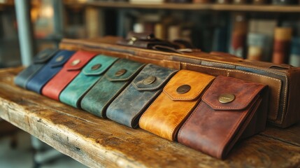Stylish leather wallets in various colors displayed on a rustic wooden table showcasing feminine design and craftsmanship.