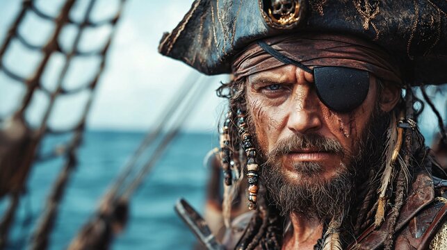 A bold pirate confidently stands on the ship's deck, donning a tattered hat and eye patch while wielding a cutlass, his rugged face a testament to thrilling adventures and treasure hunts.