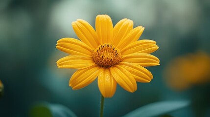 Obraz premium Yellow chamomile flower in bloom with a soft green backdrop highlighting its natural beauty and vibrant color in a serene garden setting