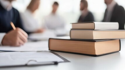 Tax regulation concept. A consultant reviewing the latest tax regulations with a legal team, with books and government policy papers on the table