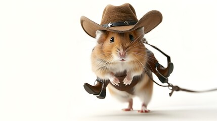 A hilarious hamster wearing a cowboy hat and boots, riding a horse on a white background