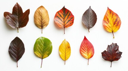 Obraz premium Vibrant autumn leaves arranged in a grid showcasing diverse colors against a clean white background for seasonal themes.