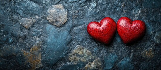 Obraz premium Vibrant red heart decorations on a textured stone background symbolizing love and affection with a blank space for creativity