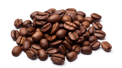Naklejka premium Roasted coffee beans displayed on a clean white background highlighting their rich texture and aroma for advertising or culinary purposes