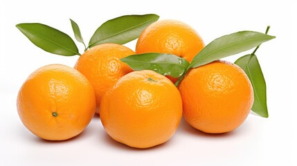 Fresh clementines with vibrant green leaves arranged closely on a bright white background showcasing their natural beauty and freshness.