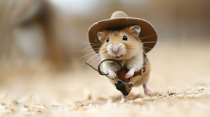 A hilarious hamster wearing a cowboy hat and boots, riding a horse on a white background