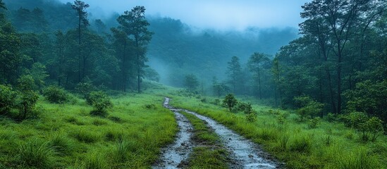 Lush jungle landscape with misty atmosphere showcasing a serene dirt path in a tiger reserve during a tranquil safari experience.