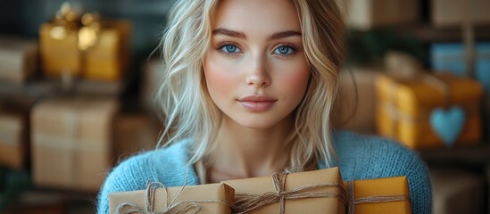 Blonde woman holding gift boxes in a festive setting surrounded by beautifully wrapped presents and warm holiday ambiance.