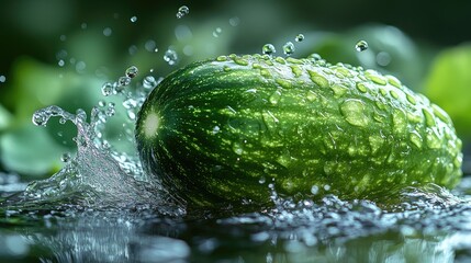 Fresh cucumber splashing into water creating dynamic sprays and droplets with lush green background for vibrant culinary imagery.