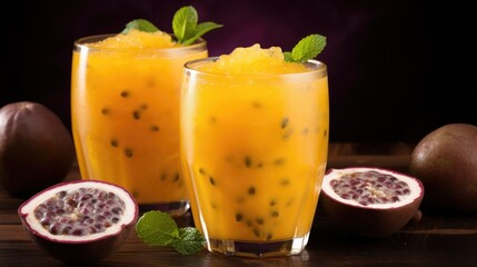 Refreshing iced passion fruit juice served in stylish glasses with mint garnish, showcasing a nutritious beverage for summer enjoyment.