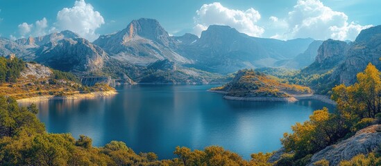 Mountain landscape with three peaks near a serene water dam under a clear blue sky and fluffy clouds reflecting on calm waters