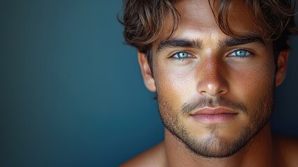 Obraz premium Handsome young man with an attractive physique and captivating blue eyes gazing confidently at the camera in natural light
