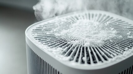Dirty air purifier filter with thick dust buildup, showing contaminated surface and steam rising, highlighting poor maintenance and air quality issues.