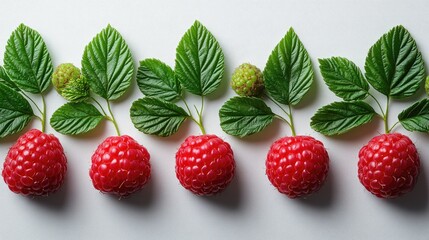 Fresh ripe red raspberries with green leaves arranged on a white background for a vibrant and...