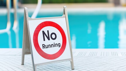 Close-up of a swimming pool warning sign with a red and white "No Running" symbol. Water parks, safety education, schools, water safety, drowning prevention, swimming rules, child safety