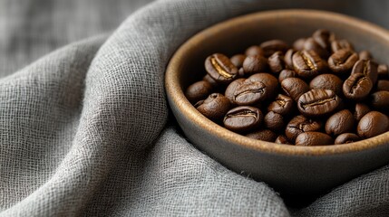 Fototapeta premium Coffee beans in rustic bowl on soft gray fabric showcasing rich textures and natural tones in a cozy cafe setting