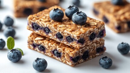 Nutritious granola bars with fresh blueberries stacked on a white background highlighting a healthy superfood snack option rich in oats