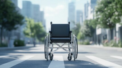 Obraz premium Wheelchair User Navigating Urban Challenges for Disability Accessibility and Independent Mobility Everyday obstacles faced by people with disabilities in the city environment