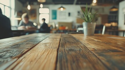 Collaborative freelancers in a cozy loft-style office engaged in work at a rustic wooden table, with a blurred creative environment in the background.