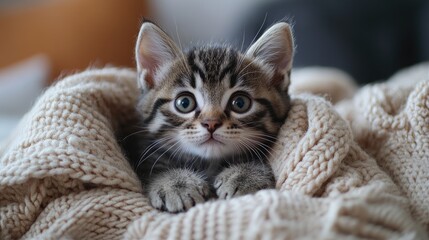 Naklejka premium Adorable striped kitten peeking from cozy knitted blanket surrounded by soft textures creating a warm and inviting atmosphere