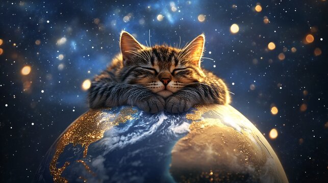 29.A 3D render of a content cat resting on a half-globe Earth, symbolizing World Cat Day on August 8th. The cat is happily perched, surrounded by stars and the soft glow of the atmosphere, showcasing