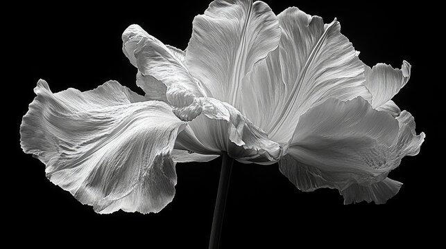 Elegant white tulip wilting against a dramatic black background showcasing delicate textures and contrasts in monochrome photography