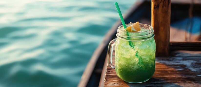 Refreshing green beverage in a jar with straw on a wooden boat symbolizing relaxing holiday vibes and tranquil waterfront setting