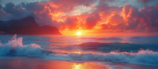 Vibrant sunrise over the sea illuminating clouds and mountains with soft waves breaking on a sandy shore.