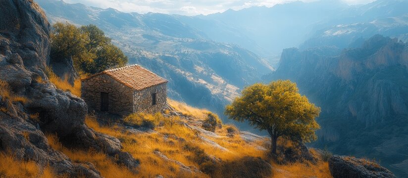 Scenic Horreo perched on a mountain overlooking the northern landscape in autumn sunlight with dramatic hills and vibrant foliage.