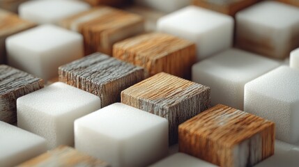 Laminated wood imitation tiles featuring a mix of textured wooden surfaces and a white foam base layer, highlighting intricate details and natural aesthetics.