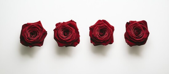 Fototapeta premium Four elegant red roses arranged in a square formation on a clean white background showcasing beauty and simplicity in floral presentation