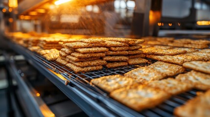 Production of rice crackers on factory line warm lighting industrial setting food manufacturing close-up view for enhanced visual appeal