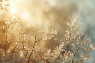 Frosted windowpane with delicate ice crystals, a subtle glow from soft golden light